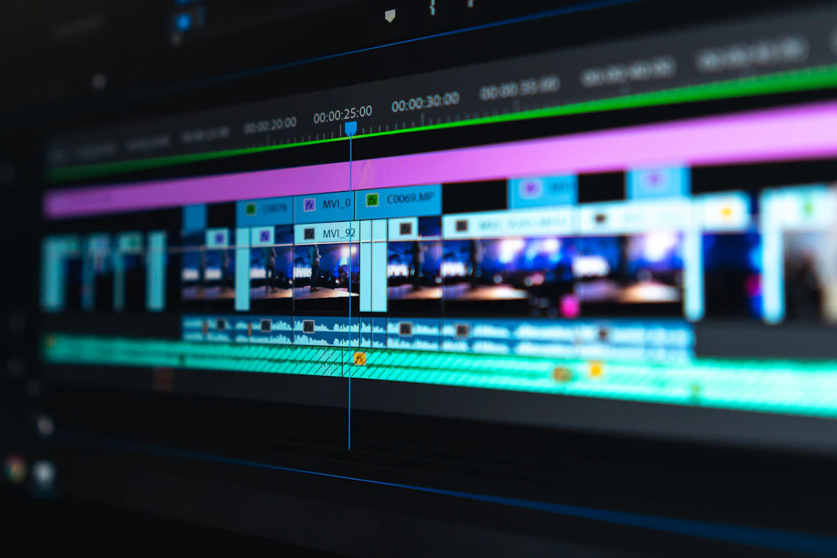 Video editor working with AI editing software on a laptop